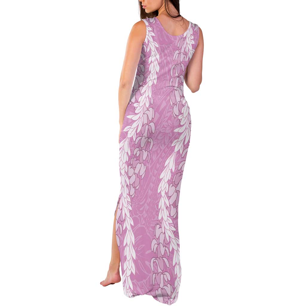 Puakenikeni and Maile Lei Tank Maxi Dress Pink Double Strand Lei