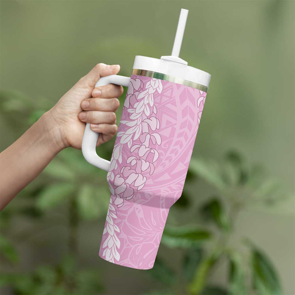 Puakenikeni and Maile Lei Tumbler With Handle Pink Double Strand Lei