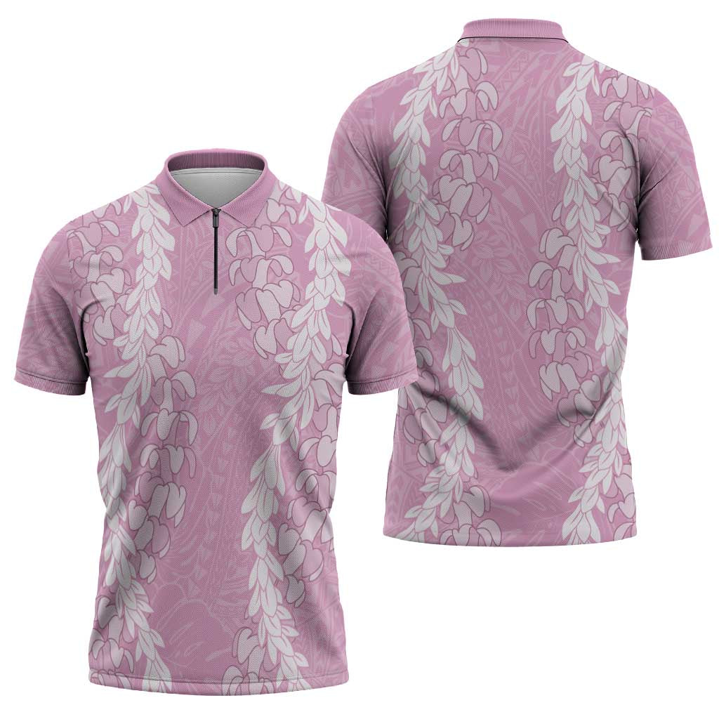 Puakenikeni and Maile Lei Zipper Polo Shirt Pink Double Strand Lei - Polynesian Pride