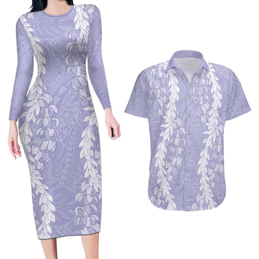 Puakenikeni and Maile Lei Couples Matching Long Sleeve Bodycon Dress and Hawaiian Shirt Purple Double Strand Lei LT9 Purple - Polynesian Pride