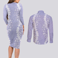 Puakenikeni and Maile Lei Couples Matching Long Sleeve Bodycon Dress and Long Sleeve Button Shirt Purple Double Strand Lei
