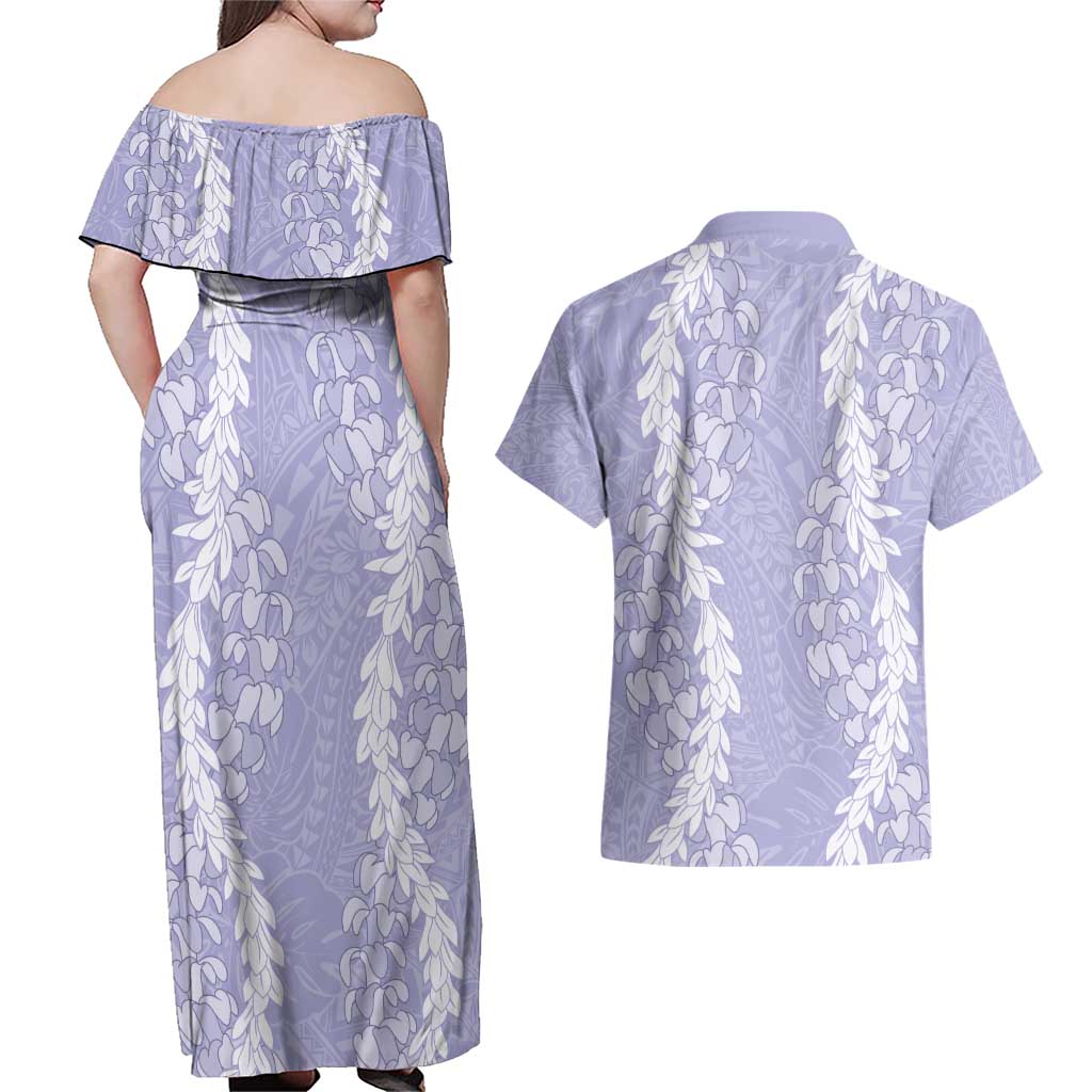 Puakenikeni and Maile Lei Couples Matching Off Shoulder Maxi Dress and Hawaiian Shirt Purple Double Strand Lei
