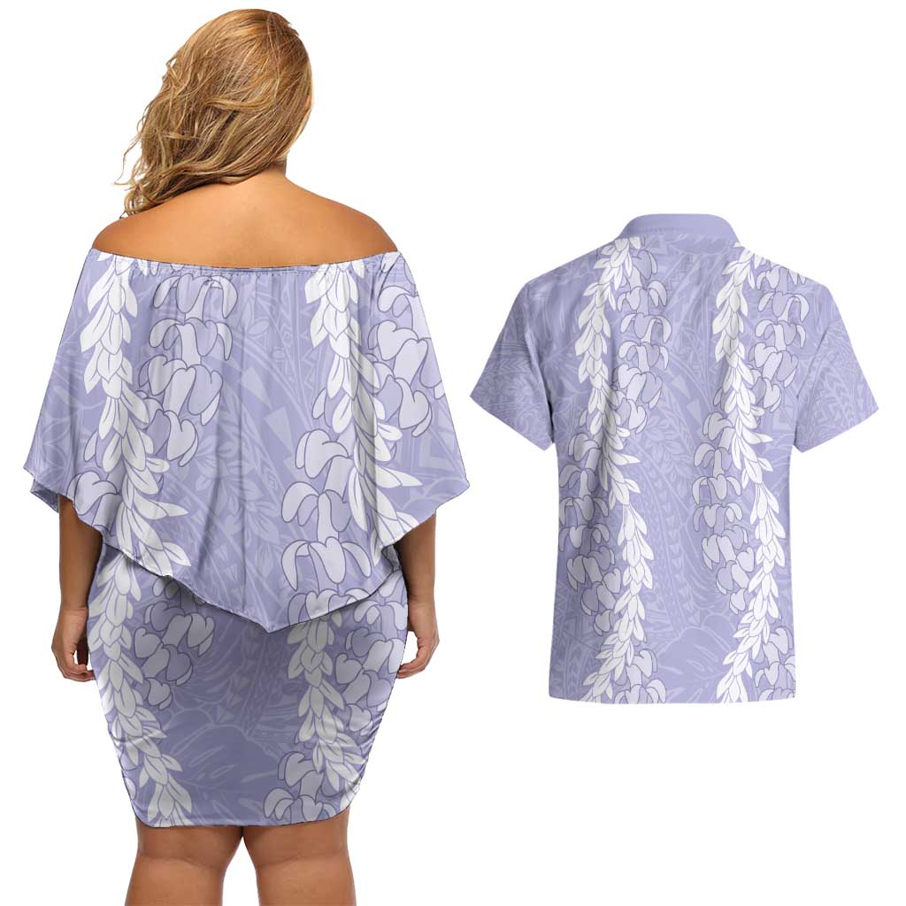 Puakenikeni and Maile Lei Couples Matching Off Shoulder Short Dress and Hawaiian Shirt Purple Double Strand Lei