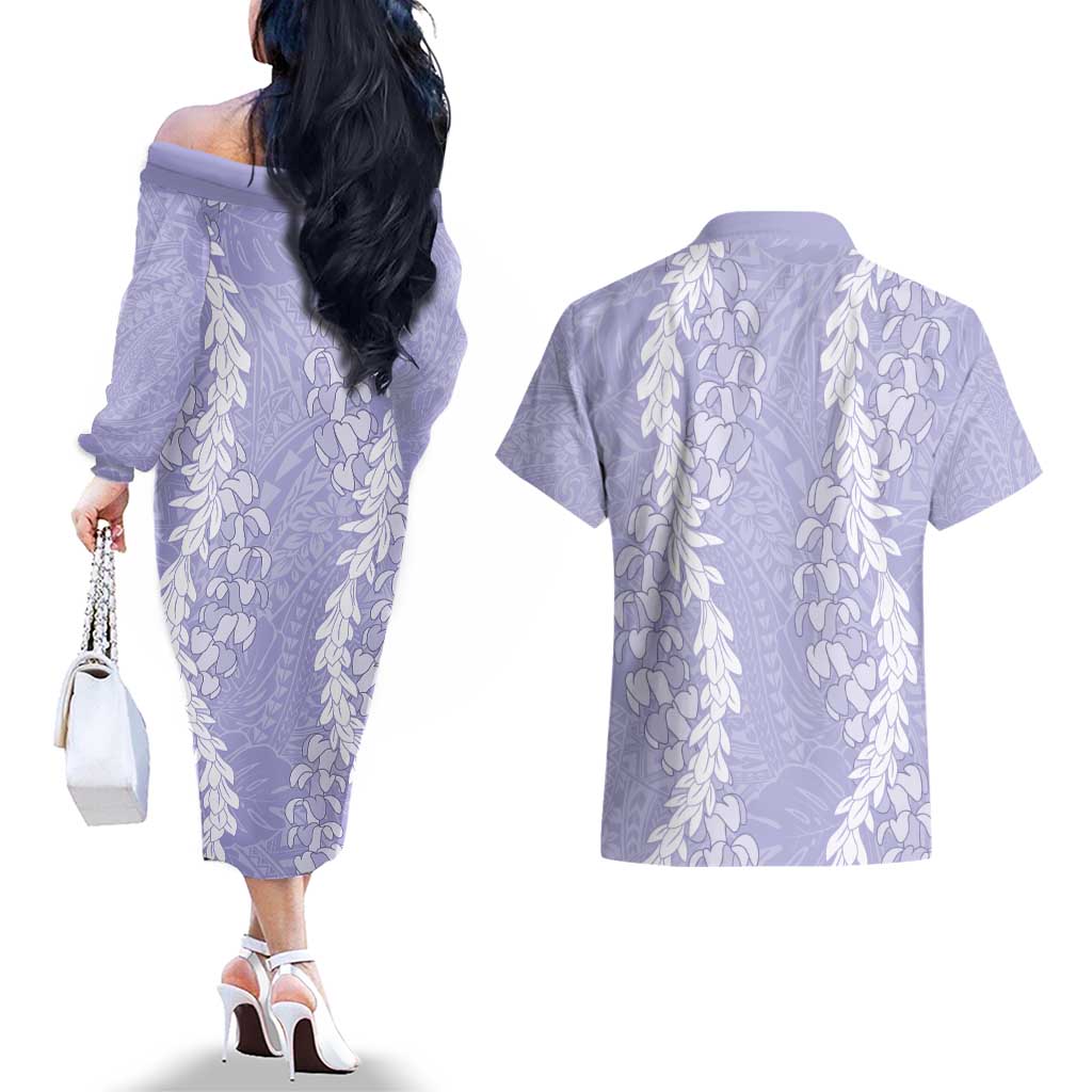 Puakenikeni and Maile Lei Couples Matching Off The Shoulder Long Sleeve Dress and Hawaiian Shirt Purple Double Strand Lei
