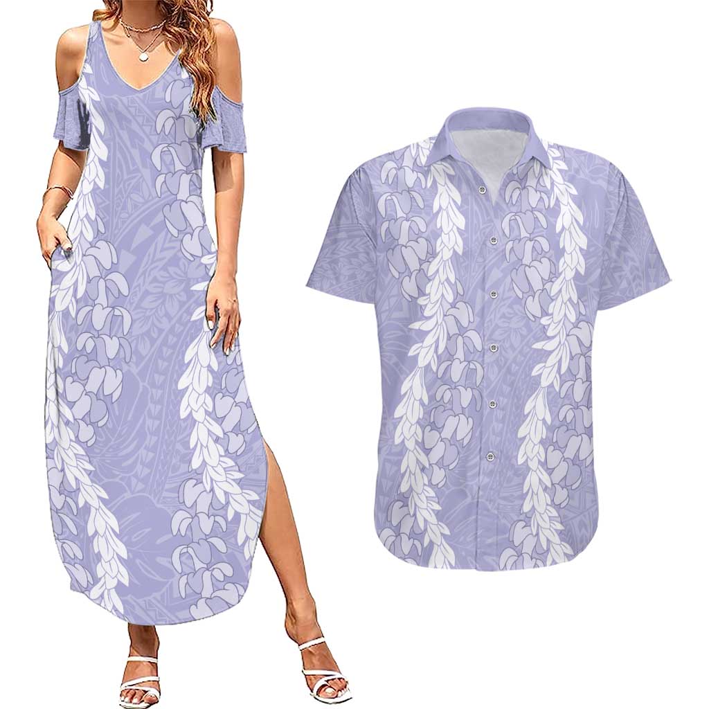 Puakenikeni and Maile Lei Couples Matching Summer Maxi Dress and Hawaiian Shirt Purple Double Strand Lei LT9 Purple - Polynesian Pride