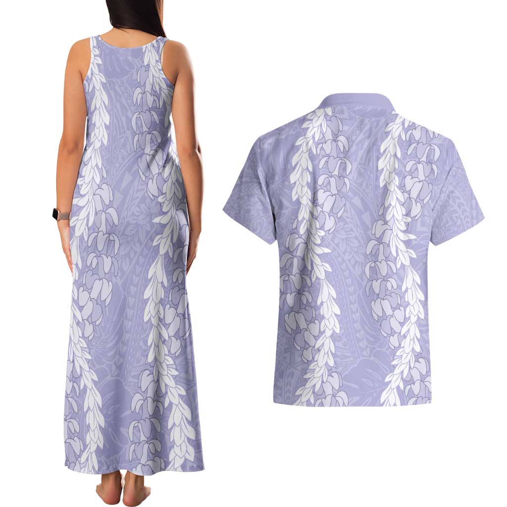 Puakenikeni and Maile Lei Couples Matching Tank Maxi Dress and Hawaiian Shirt Purple Double Strand Lei