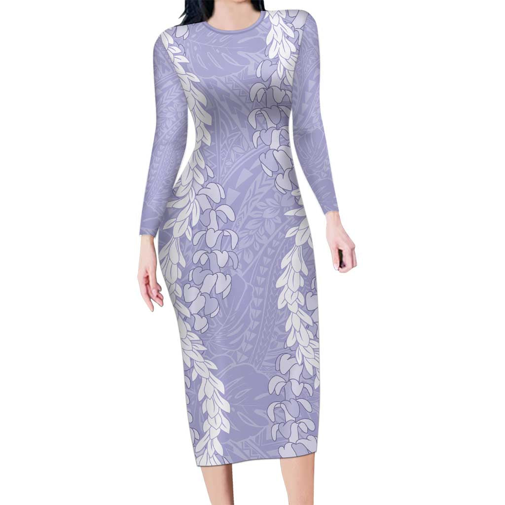 Puakenikeni and Maile Lei Family Matching Long Sleeve Bodycon Dress and Hawaiian Shirt Purple Double Strand Lei