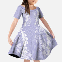Puakenikeni and Maile Lei Family Matching Off The Shoulder Long Sleeve Dress and Hawaiian Shirt Purple Double Strand Lei