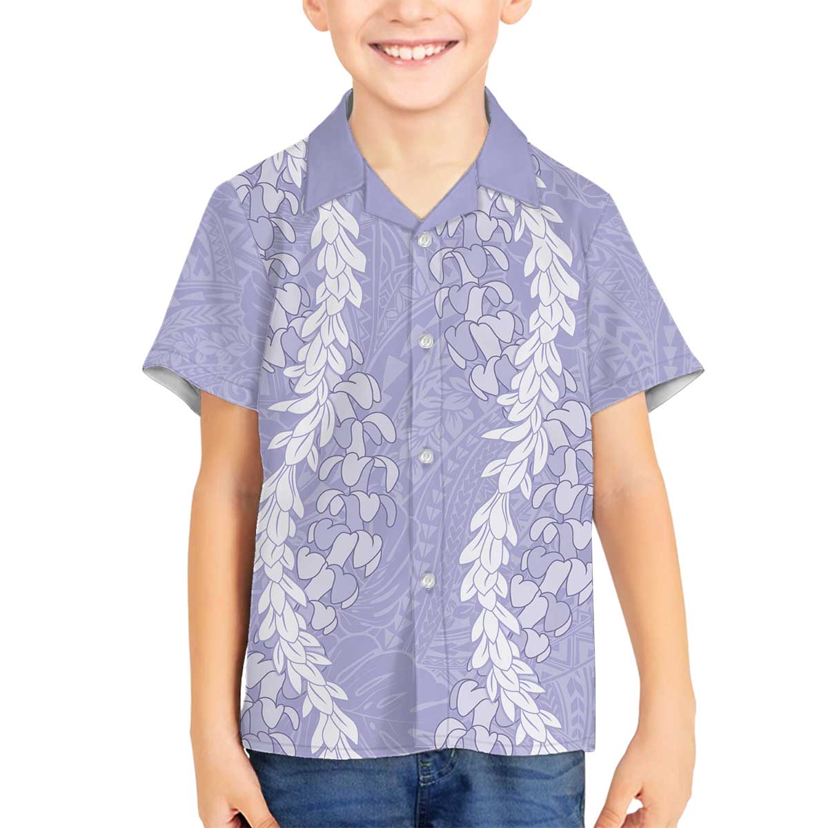 Puakenikeni and Maile Lei Family Matching Off The Shoulder Long Sleeve Dress and Hawaiian Shirt Purple Double Strand Lei