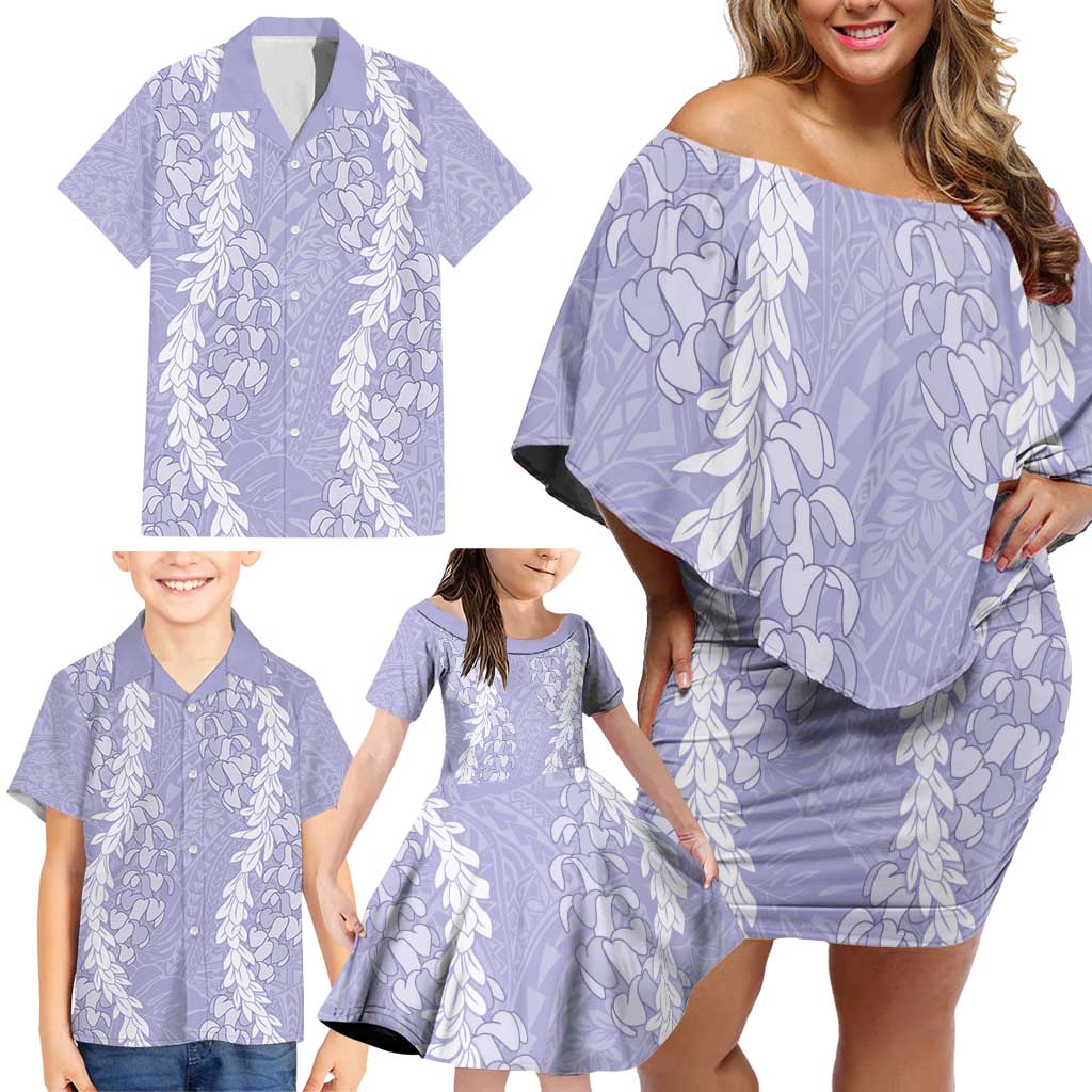 Puakenikeni and Maile Lei Family Matching Off Shoulder Short Dress and Hawaiian Shirt Purple Double Strand Lei