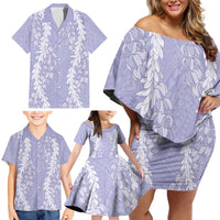 Puakenikeni and Maile Lei Family Matching Off Shoulder Short Dress and Hawaiian Shirt Purple Double Strand Lei