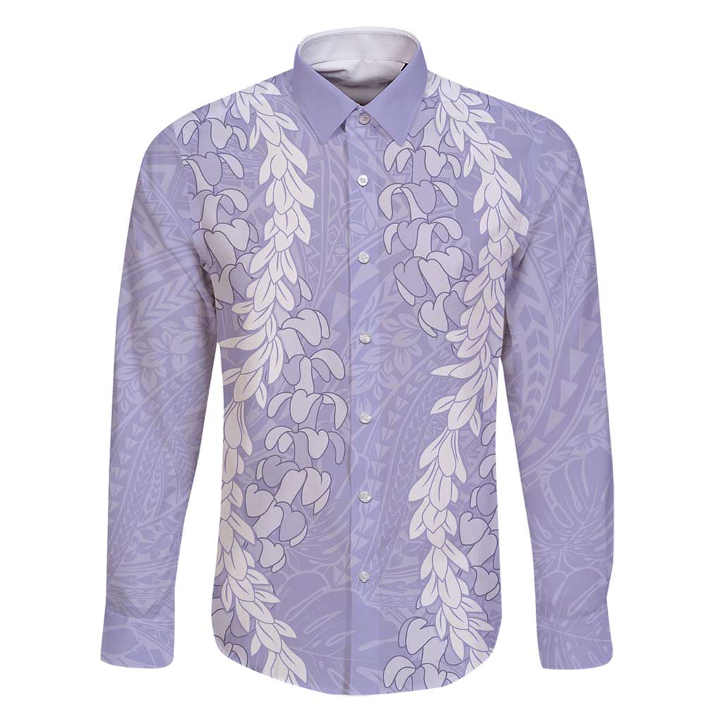 Puakenikeni and Maile Lei Family Matching Off Shoulder Short Dress and Hawaiian Shirt Purple Double Strand Lei