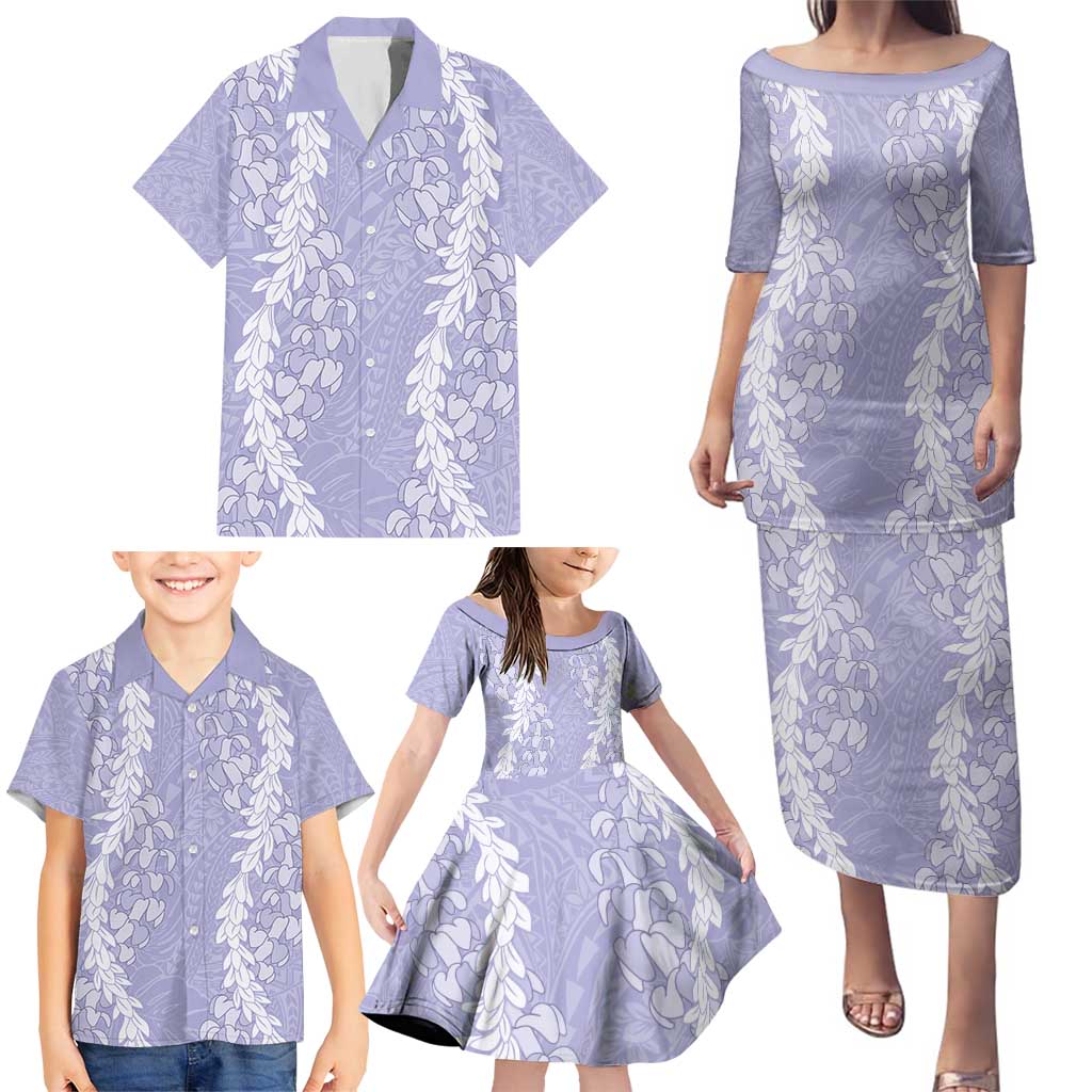 Puakenikeni and Maile Lei Family Matching Puletasi and Hawaiian Shirt Purple Double Strand Lei LT9 - Polynesian Pride