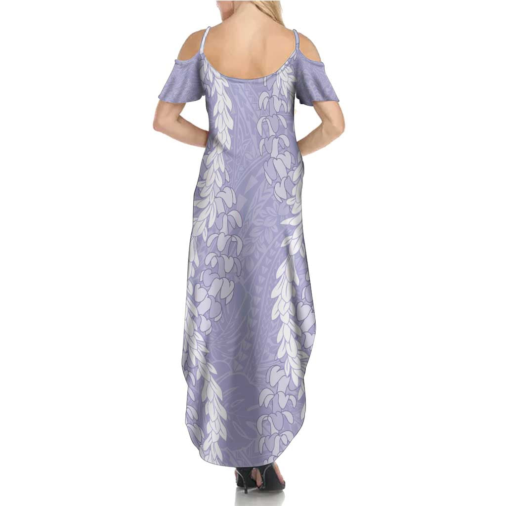 Puakenikeni and Maile Lei Family Matching Summer Maxi Dress and Hawaiian Shirt Purple Double Strand Lei