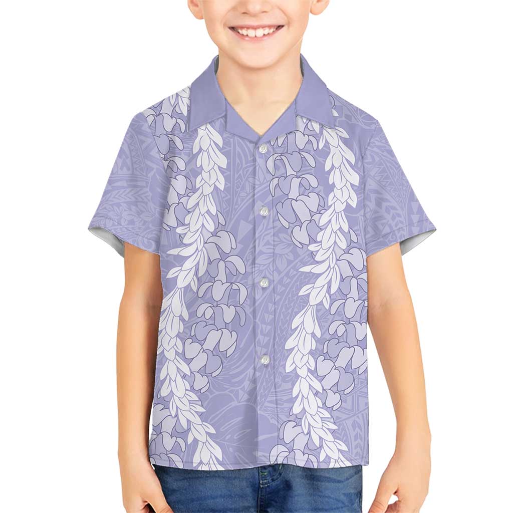 Puakenikeni and Maile Lei Family Matching Summer Maxi Dress and Hawaiian Shirt Purple Double Strand Lei