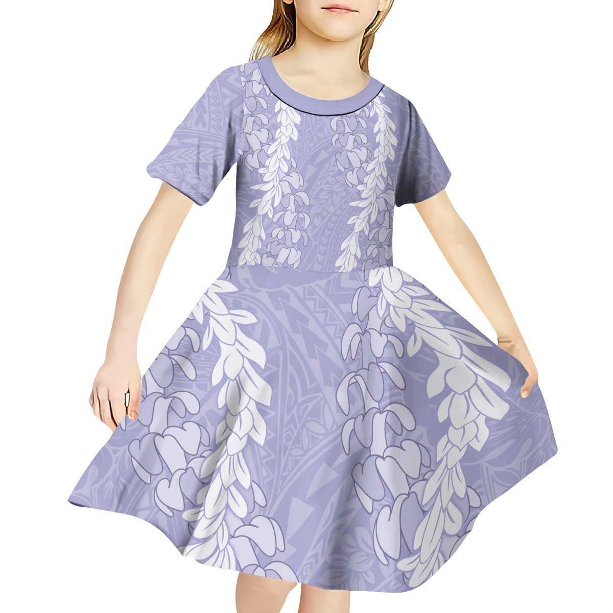 Puakenikeni and Maile Lei Kid Short Sleeve Dress Purple Double Strand Lei LT9 - Polynesian Pride