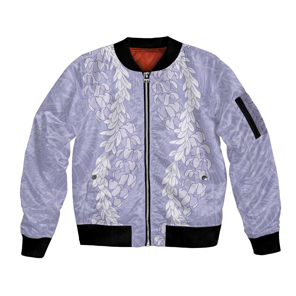 Puakenikeni and Maile Lei Sleeve Zip Bomber Jacket Purple Double Strand Lei