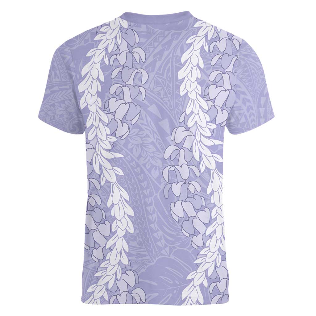 Puakenikeni and Maile Lei Women V-Neck T-Shirt Purple Double Strand Lei