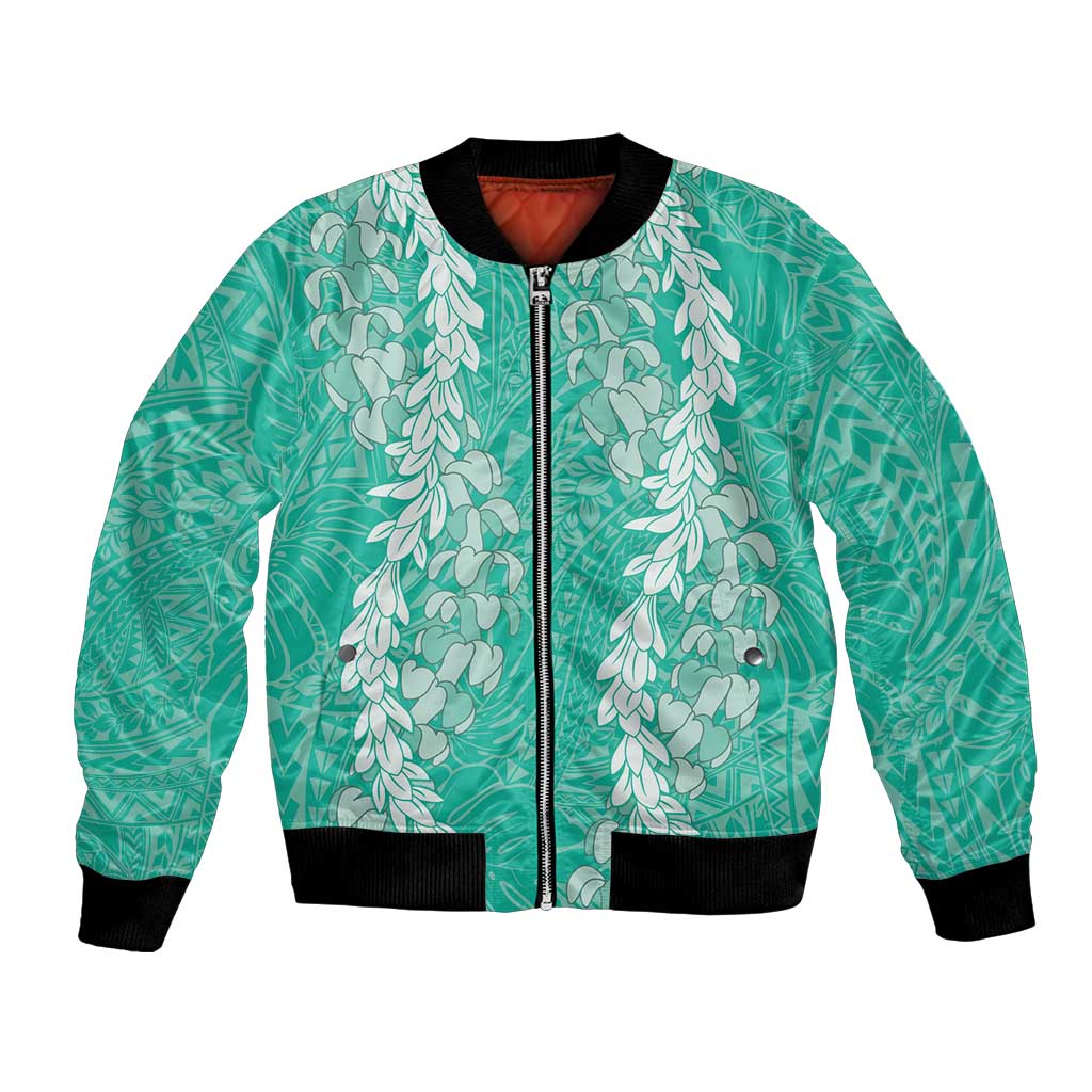 Puakenikeni and Maile Lei Bomber Jacket Sage Green Double Strand Lei