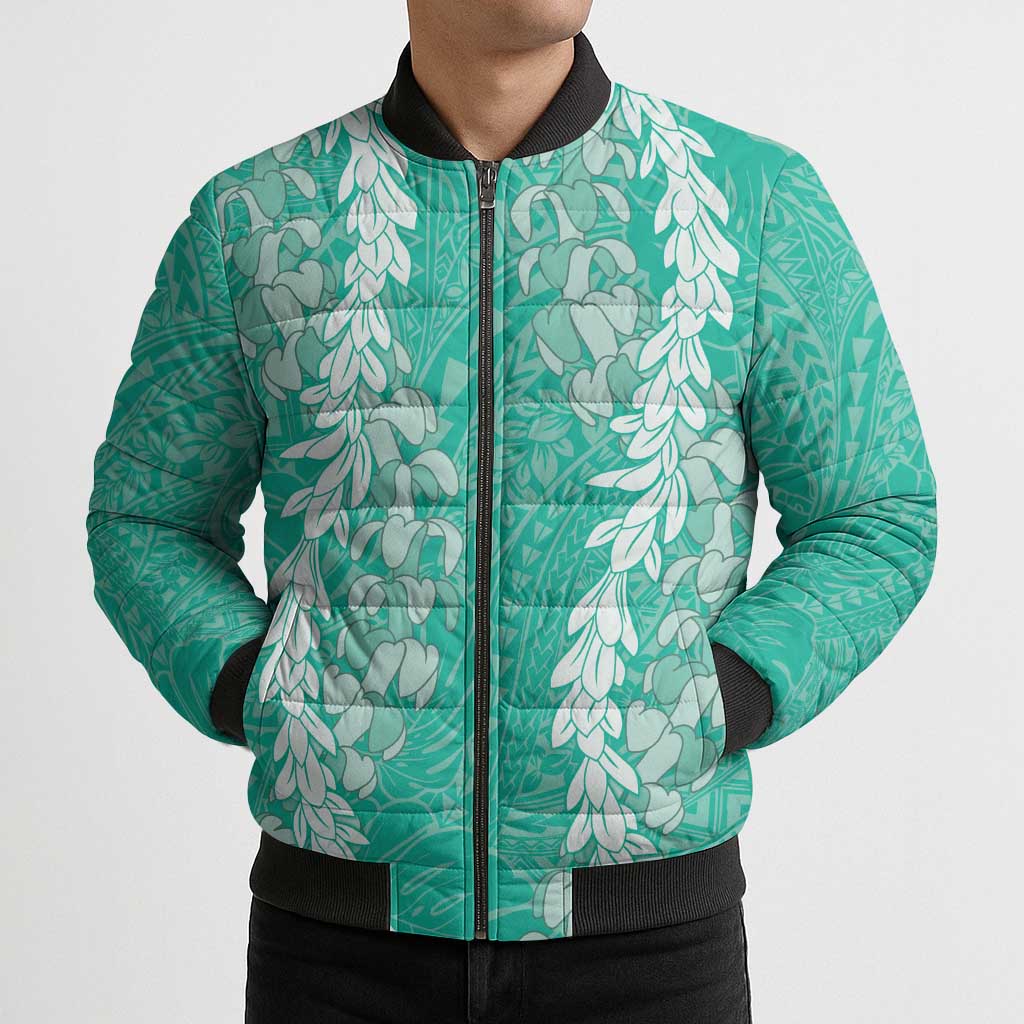 Puakenikeni and Maile Lei Bomber Puffer Jacket Sage Green Double Strand Lei LT9 - Polynesian Pride