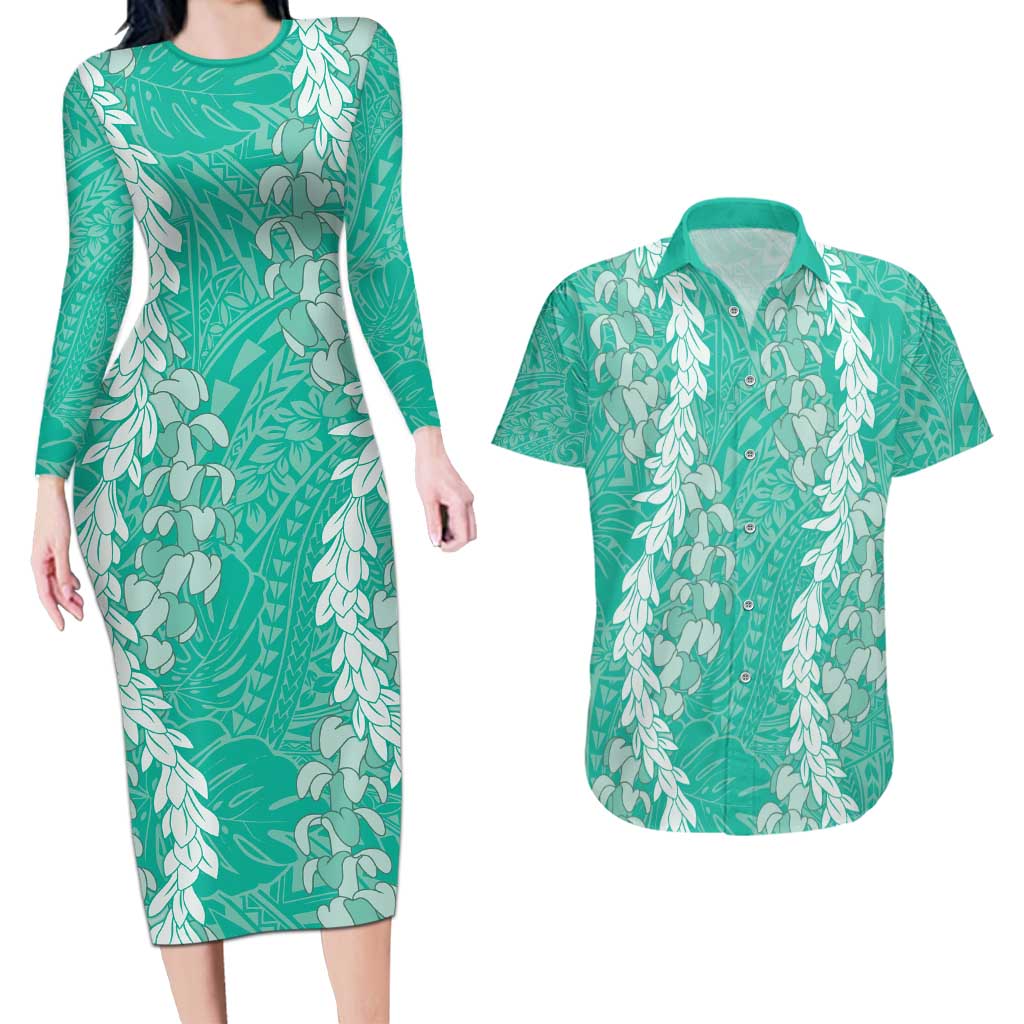 Puakenikeni and Maile Lei Couples Matching Long Sleeve Bodycon Dress and Hawaiian Shirt Sage Green Double Strand Lei LT9 Sage Green - Polynesian Pride