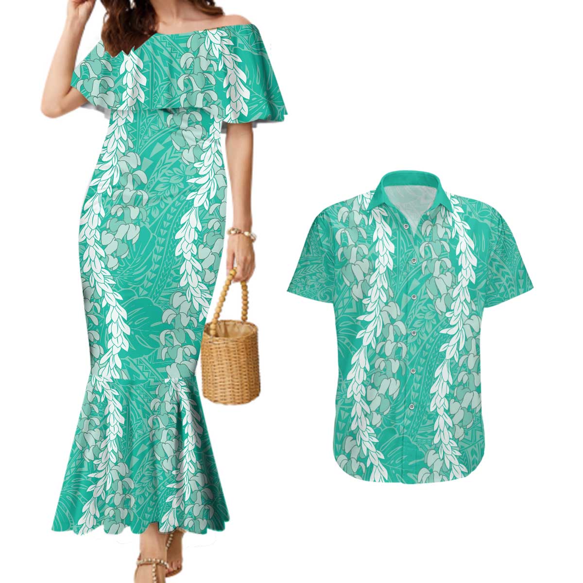 Puakenikeni and Maile Lei Couples Matching Mermaid Dress and Hawaiian Shirt Sage Green Double Strand Lei LT9 Sage Green - Polynesian Pride