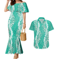 Puakenikeni and Maile Lei Couples Matching Mermaid Dress and Hawaiian Shirt Sage Green Double Strand Lei