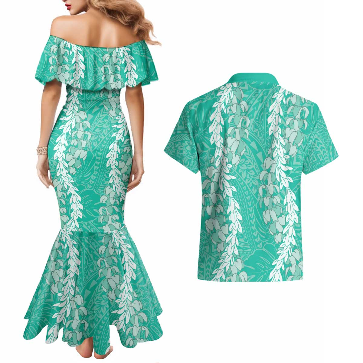 Puakenikeni and Maile Lei Couples Matching Mermaid Dress and Hawaiian Shirt Sage Green Double Strand Lei