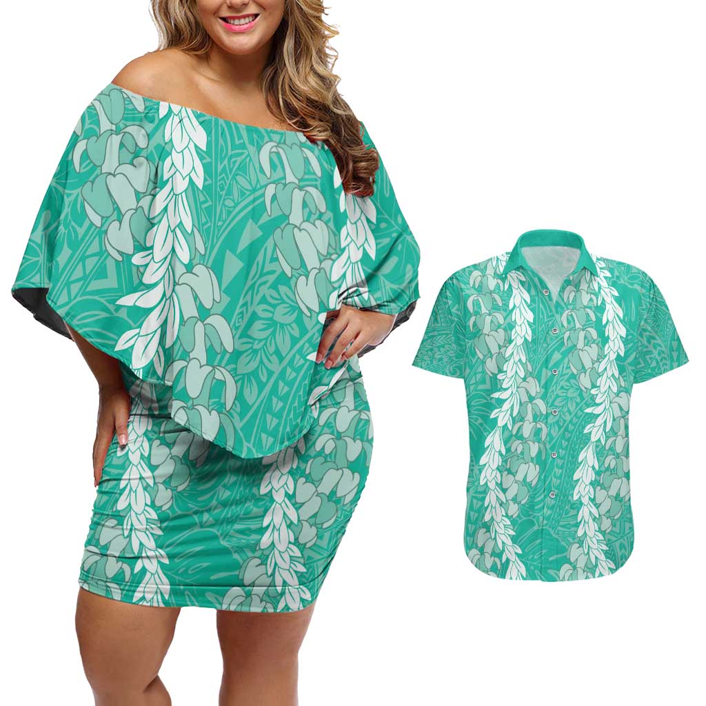 Puakenikeni and Maile Lei Couples Matching Off Shoulder Short Dress and Hawaiian Shirt Sage Green Double Strand Lei LT9 Sage Green - Polynesian Pride