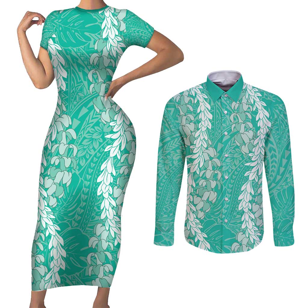 Puakenikeni and Maile Lei Couples Matching Short Sleeve Bodycon Dress and Long Sleeve Button Shirt Sage Green Double Strand Lei