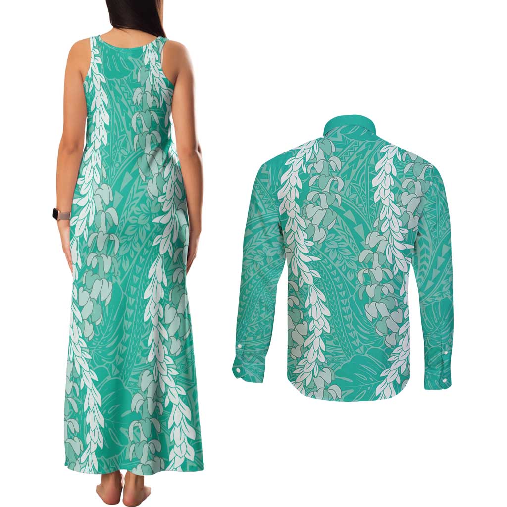 Puakenikeni and Maile Lei Couples Matching Tank Maxi Dress and Long Sleeve Button Shirt Sage Green Double Strand Lei