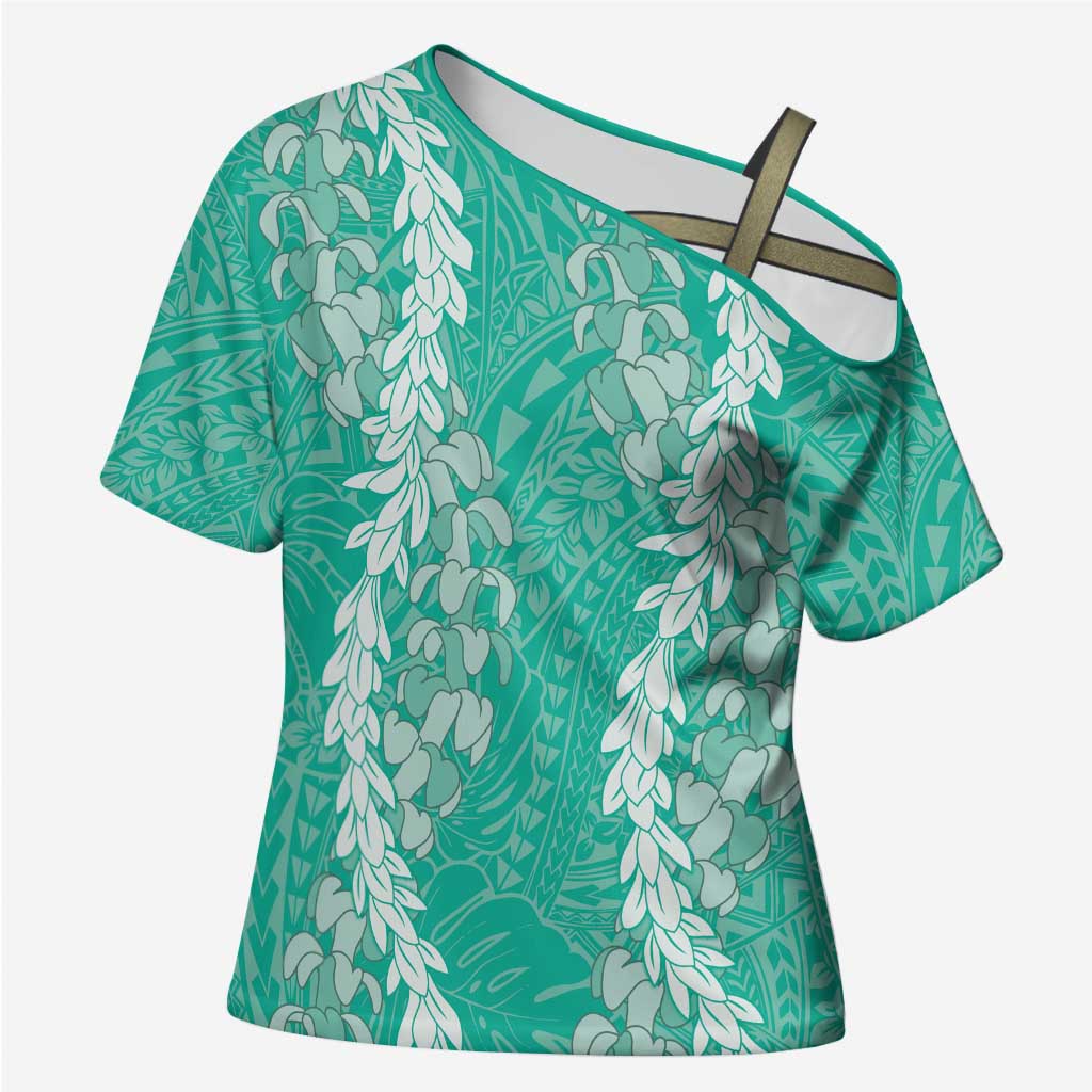 Puakenikeni and Maile Lei Cross Shoulder Shirt Sage Green Double Strand Lei LT9 Female Sage Green - Polynesian Pride