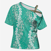 Puakenikeni and Maile Lei Cross Shoulder Shirt Sage Green Double Strand Lei LT9 Female Sage Green - Polynesian Pride