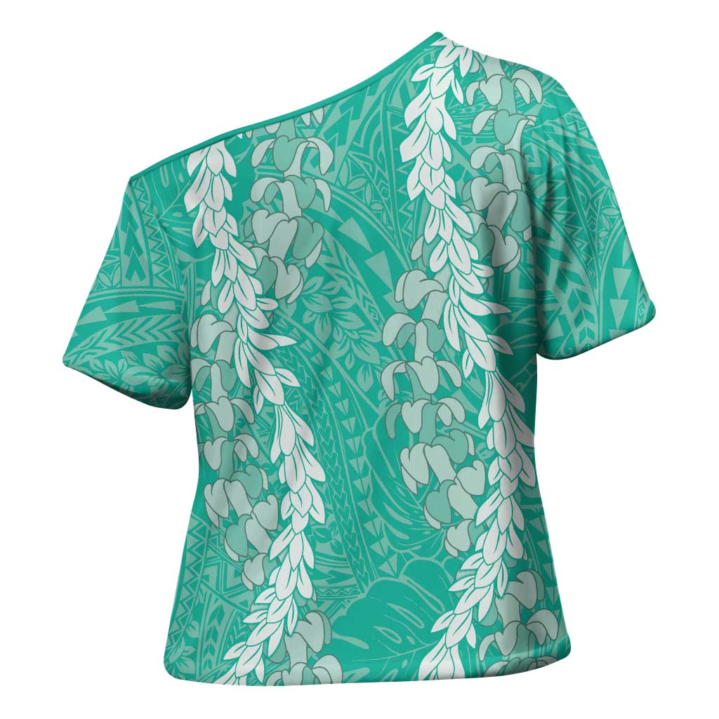 Puakenikeni and Maile Lei Cross Shoulder Shirt Sage Green Double Strand Lei LT9 - Polynesian Pride