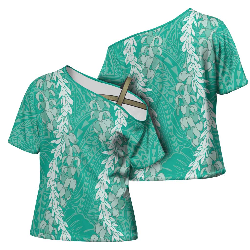 Puakenikeni and Maile Lei Cross Shoulder Shirt Sage Green Double Strand Lei LT9 - Polynesian Pride
