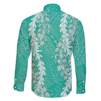 Puakenikeni and Maile Lei Family Matching Long Sleeve Bodycon Dress and Hawaiian Shirt Sage Green Double Strand Lei