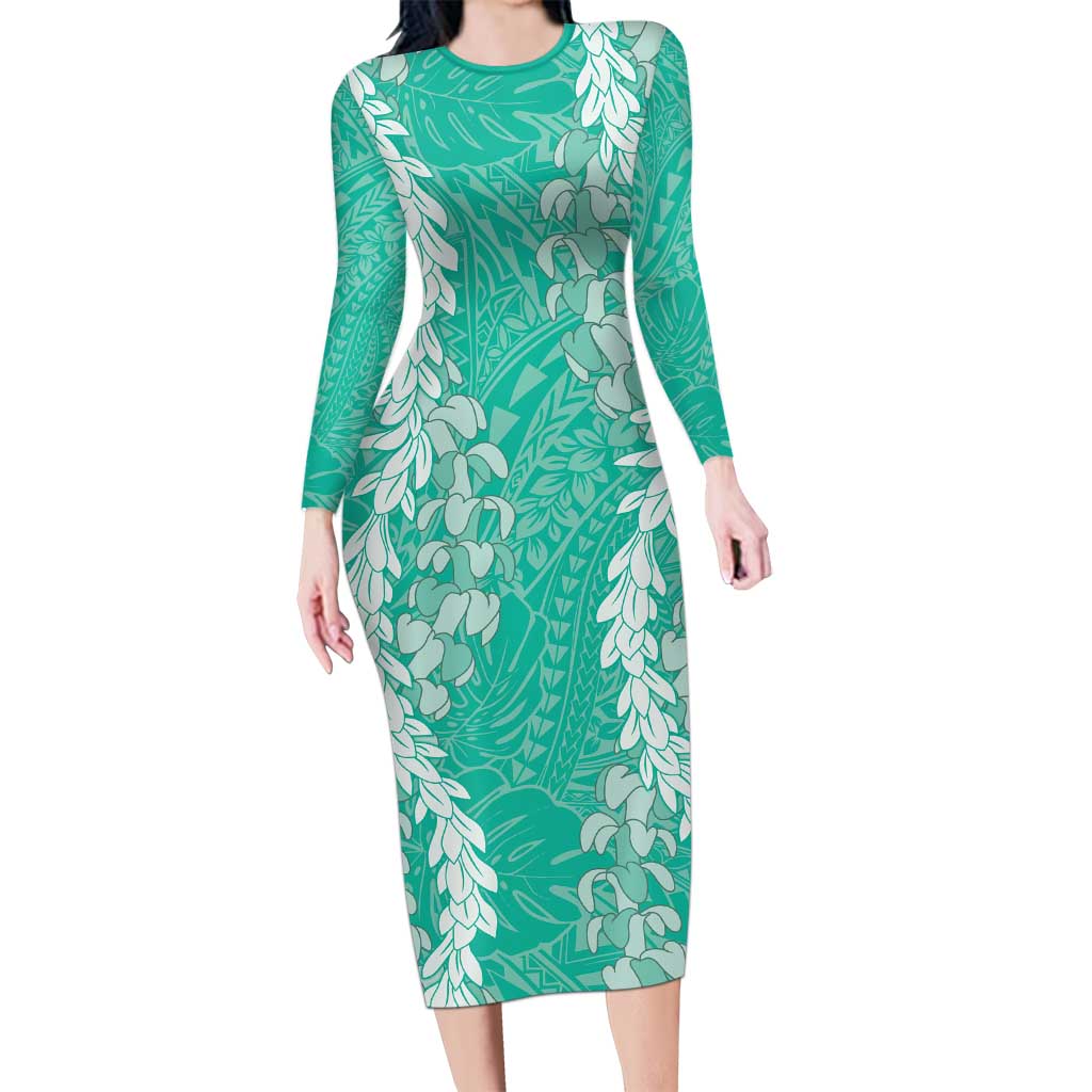 Puakenikeni and Maile Lei Family Matching Long Sleeve Bodycon Dress and Hawaiian Shirt Sage Green Double Strand Lei