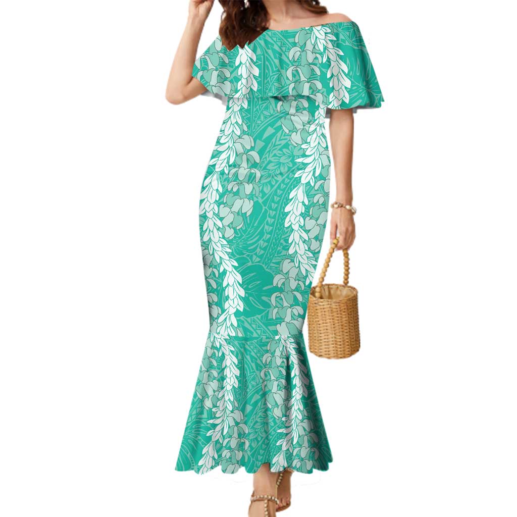Puakenikeni and Maile Lei Family Matching Mermaid Dress and Hawaiian Shirt Sage Green Double Strand Lei