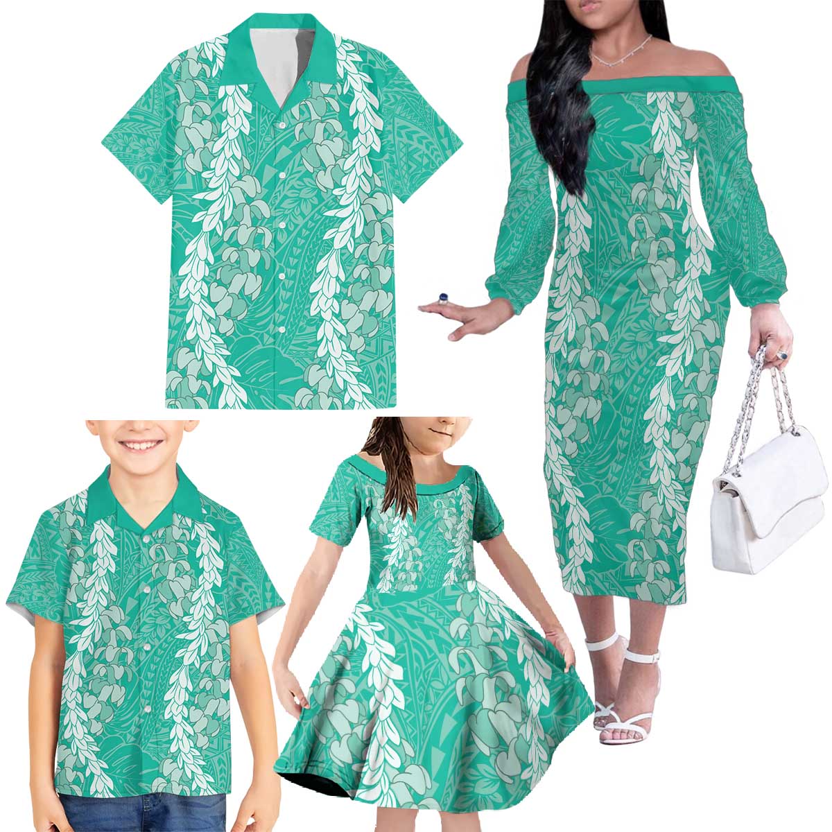 Puakenikeni and Maile Lei Family Matching Off The Shoulder Long Sleeve Dress and Hawaiian Shirt Sage Green Double Strand Lei LT9 - Polynesian Pride
