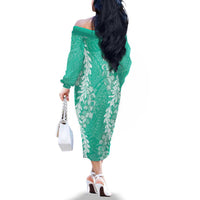 Puakenikeni and Maile Lei Family Matching Off The Shoulder Long Sleeve Dress and Hawaiian Shirt Sage Green Double Strand Lei