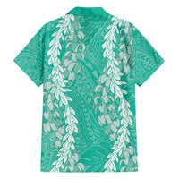 Puakenikeni and Maile Lei Family Matching Off Shoulder Short Dress and Hawaiian Shirt Sage Green Double Strand Lei