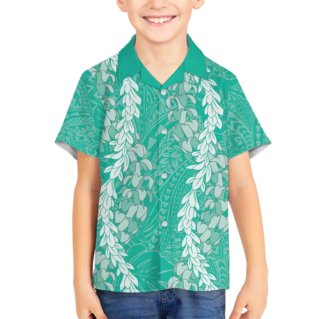 Puakenikeni and Maile Lei Family Matching Off Shoulder Short Dress and Hawaiian Shirt Sage Green Double Strand Lei