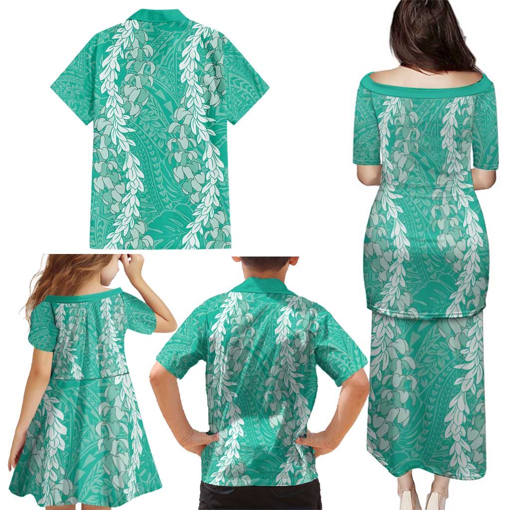Puakenikeni and Maile Lei Family Matching Puletasi and Hawaiian Shirt Sage Green Double Strand Lei