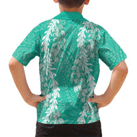 Puakenikeni and Maile Lei Family Matching Short Sleeve Bodycon Dress and Hawaiian Shirt Sage Green Double Strand Lei