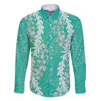 Puakenikeni and Maile Lei Family Matching Short Sleeve Bodycon Dress and Hawaiian Shirt Sage Green Double Strand Lei