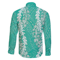 Puakenikeni and Maile Lei Family Matching Short Sleeve Bodycon Dress and Hawaiian Shirt Sage Green Double Strand Lei