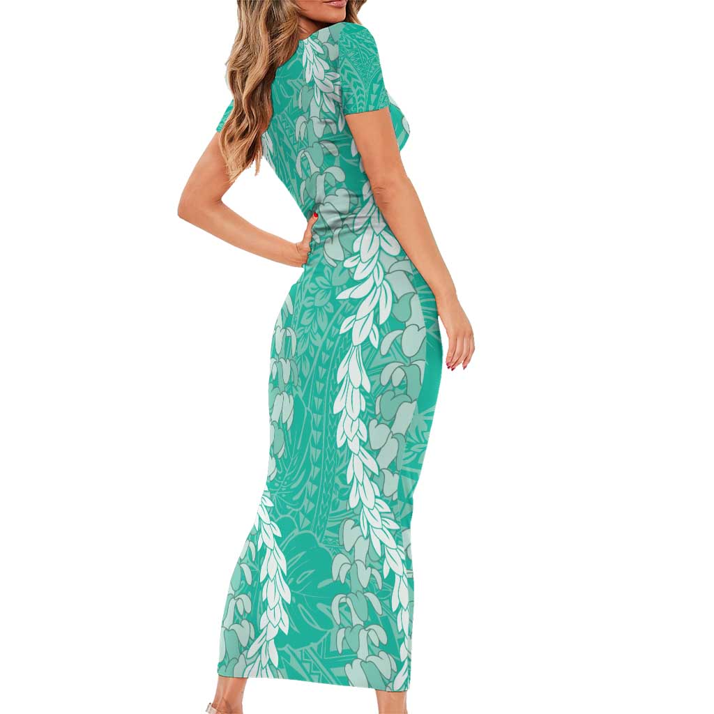 Puakenikeni and Maile Lei Family Matching Short Sleeve Bodycon Dress and Hawaiian Shirt Sage Green Double Strand Lei