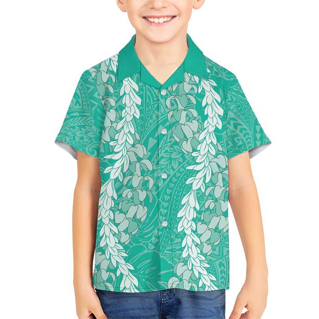 Puakenikeni and Maile Lei Family Matching Short Sleeve Bodycon Dress and Hawaiian Shirt Sage Green Double Strand Lei