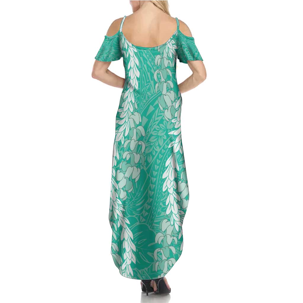 Puakenikeni and Maile Lei Family Matching Summer Maxi Dress and Hawaiian Shirt Sage Green Double Strand Lei