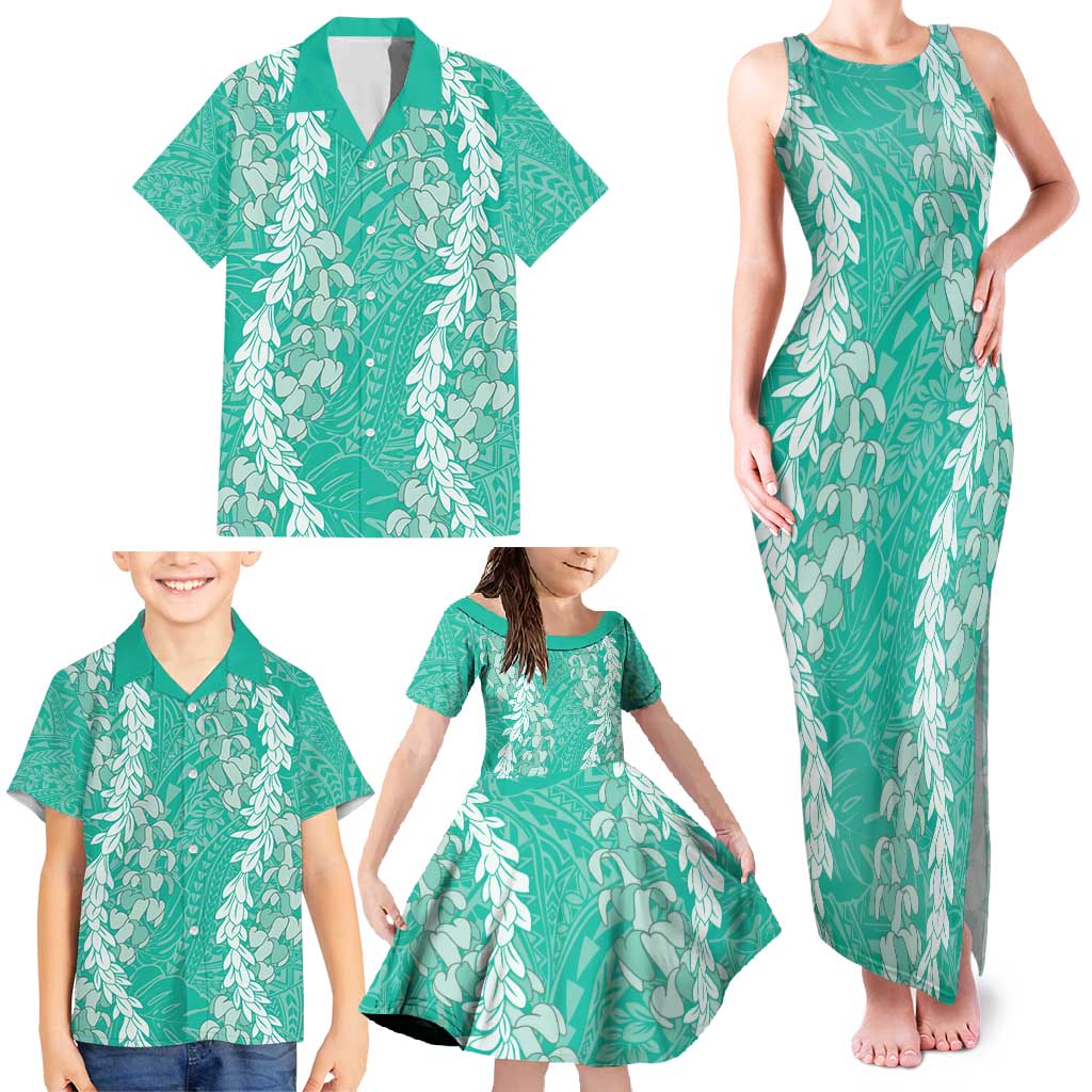 Puakenikeni and Maile Lei Family Matching Tank Maxi Dress and Hawaiian Shirt Sage Green Double Strand Lei LT9 - Polynesian Pride
